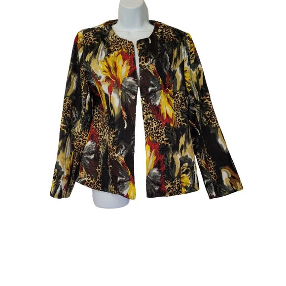 Joni B. Womens Open Front Jacket M Floral Micro Pleat Vibrant Lined Animal Print - Picture 2 of 10